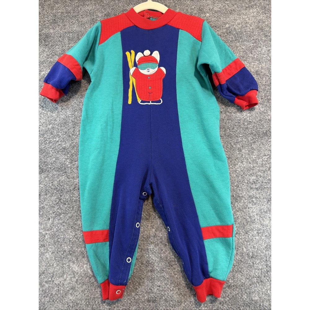 Vintage 80s 90s Buster Brown Colorblock Ski Bear Romper Jumpsuit 24M Retro